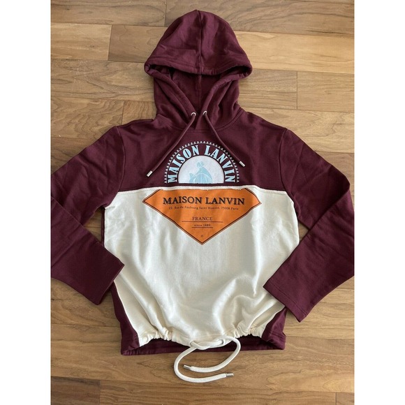 NWT LANVIN Paris Cotton Hoodie Men Maison Logo Print sweatshirt Large Garnet Red - Picture 6 of 9